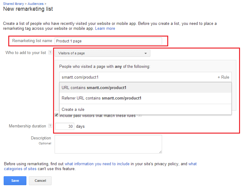 Google Adwords new remarketing list setup