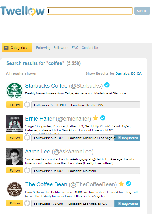 Twellow screenshot coffee search